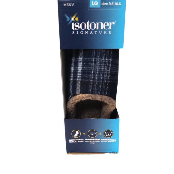 Isotoner Signature Men's Blue Plaid Memory Foam Indoor/Outdoor Slippers Size 10 - Picture 1 of 8